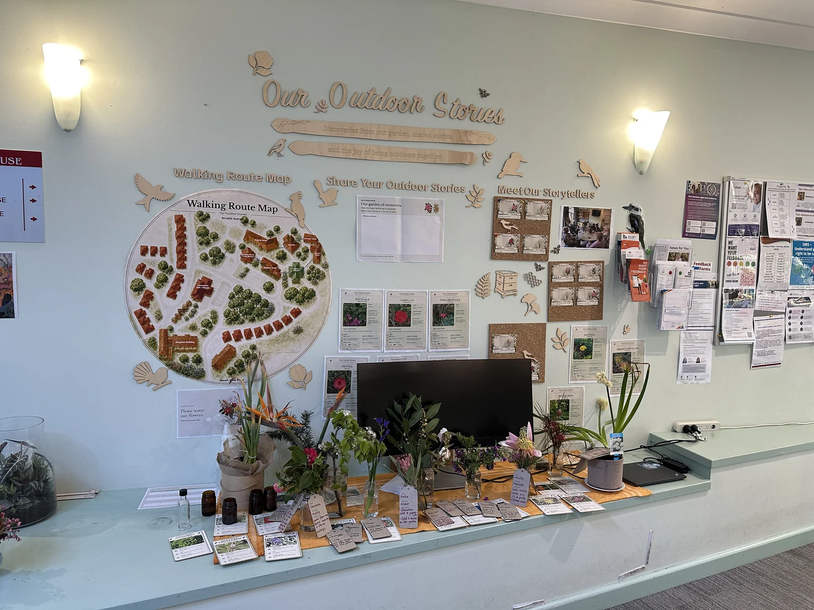 Our Outdoor Stories display with a walking route map, plant cards, photographs and fresh flowers